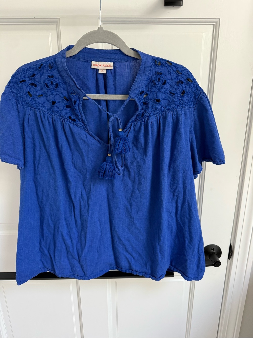 Knox Rose Royal Blue Embroidered Tassel Peasant Blouse